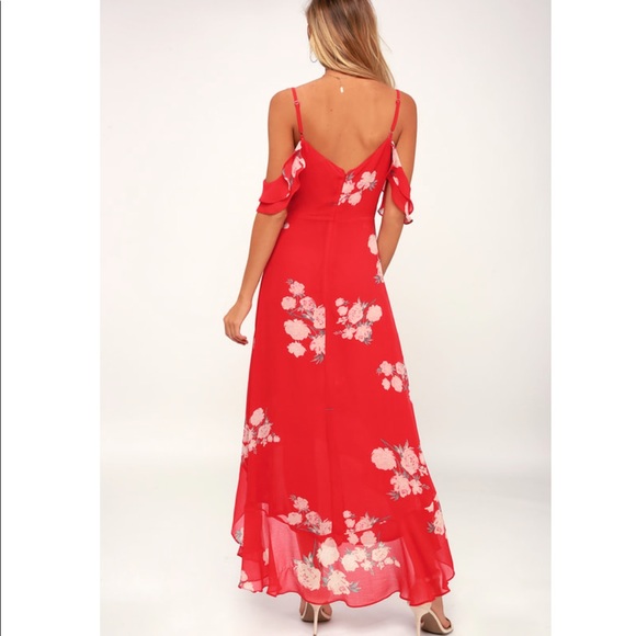 Lulu’s Love in bloom red floral print off the shoulders high low dress - Picture 2 of 5